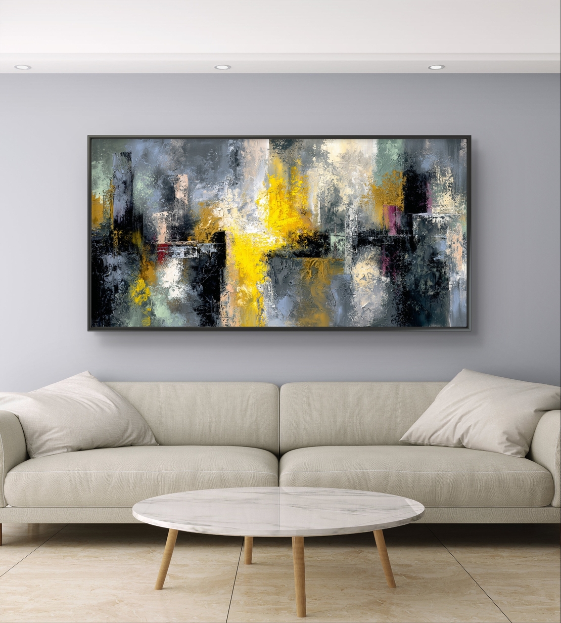 תמונת קנבס אבסטרקט עירוני – כתמי זהב וצהוב על רקע אפור ושחור | CJ6533