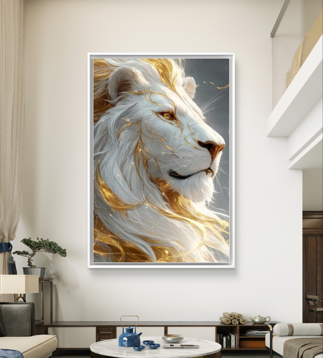 תמונת קנבס של אריה לבן עם נגיעות זהב בעיצוב יוקרתי, שקט ועוצמתי לבית