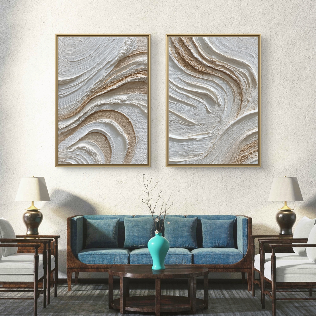זוג תמונות קנבס גלים טקסטורליים בגווני שמנת ובז׳ – דגם TL8554