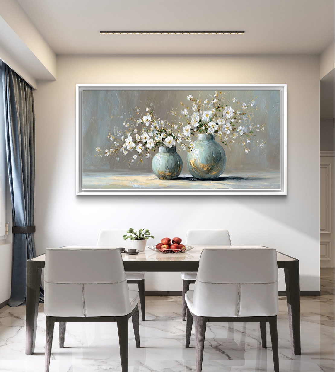 תמונת קנבס טבע דומם עם שני אגרטלים תכלת-ירקרק ופריחה לבנה על רקע אפור אלגנטי