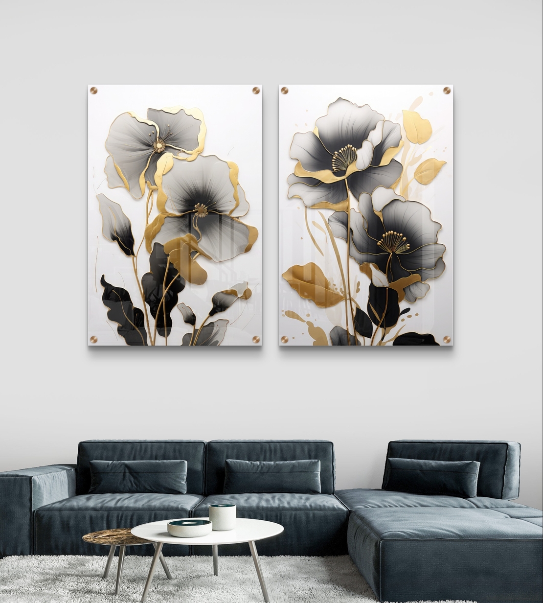 תמונת זכוכית זוגית של פרחים בגווני שחור, אפור וזהב בעיצוב אלגנטי ויוקרתי