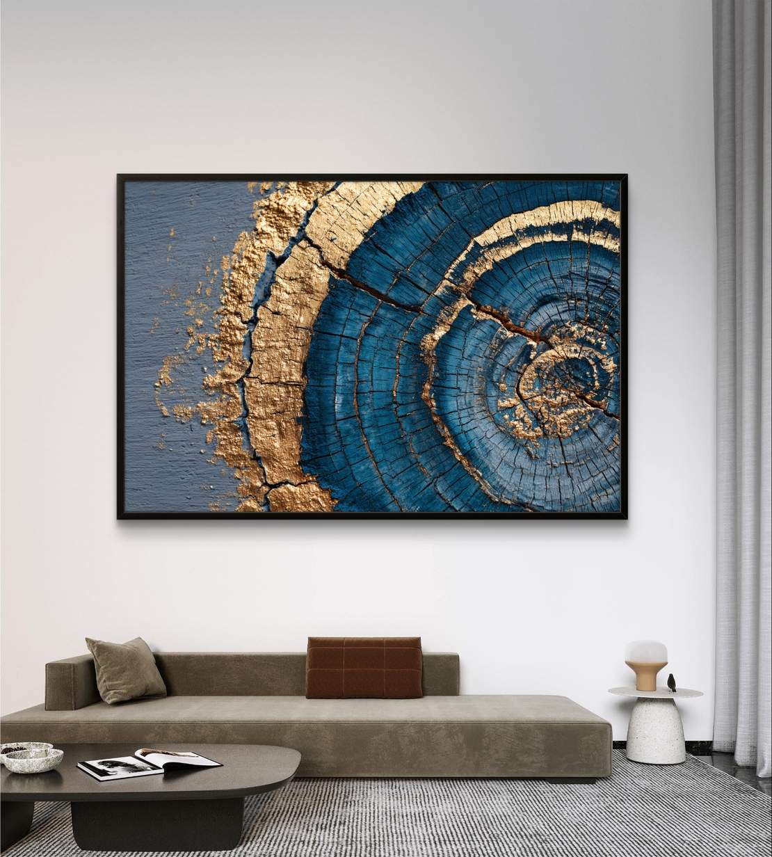 תמונת קנבס אבסטרקטית עם מעגלים בגווני כחול וזהב בהשראת חתך עץ