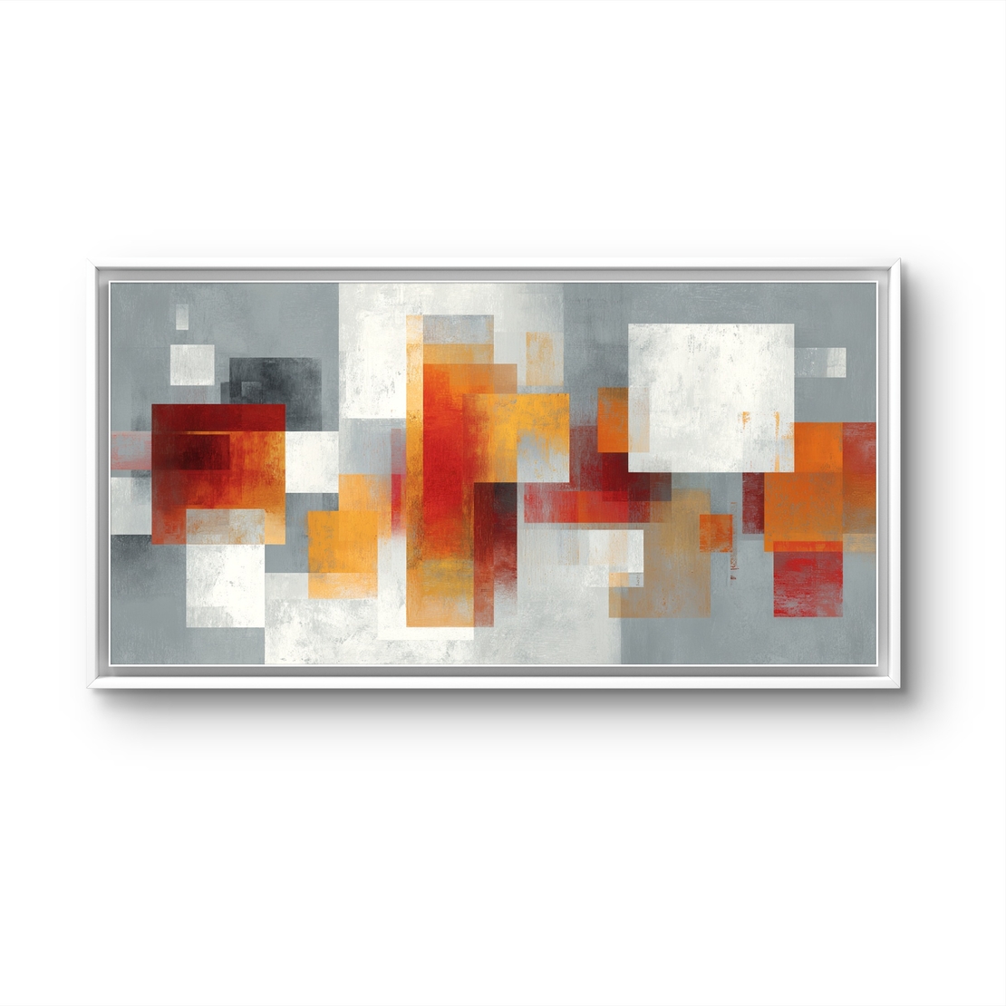 תמונת קנבס לרוחב בהדפסה חלקה עם צורות אבסטרקטיות בגווני אפור, לבן וכתום, בעיצוב מודרני ואלגנטי לבית.