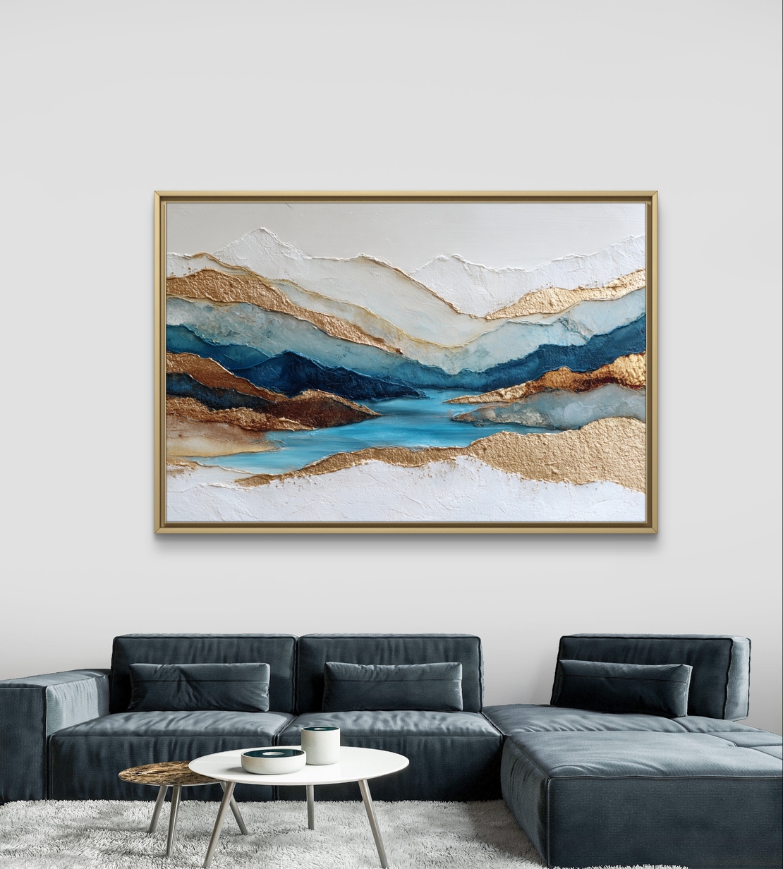 תמונת קנבס אבסטרקטית בגווני כחול ותכלת עם נגיעות זהב בעיצוב יוקרתי