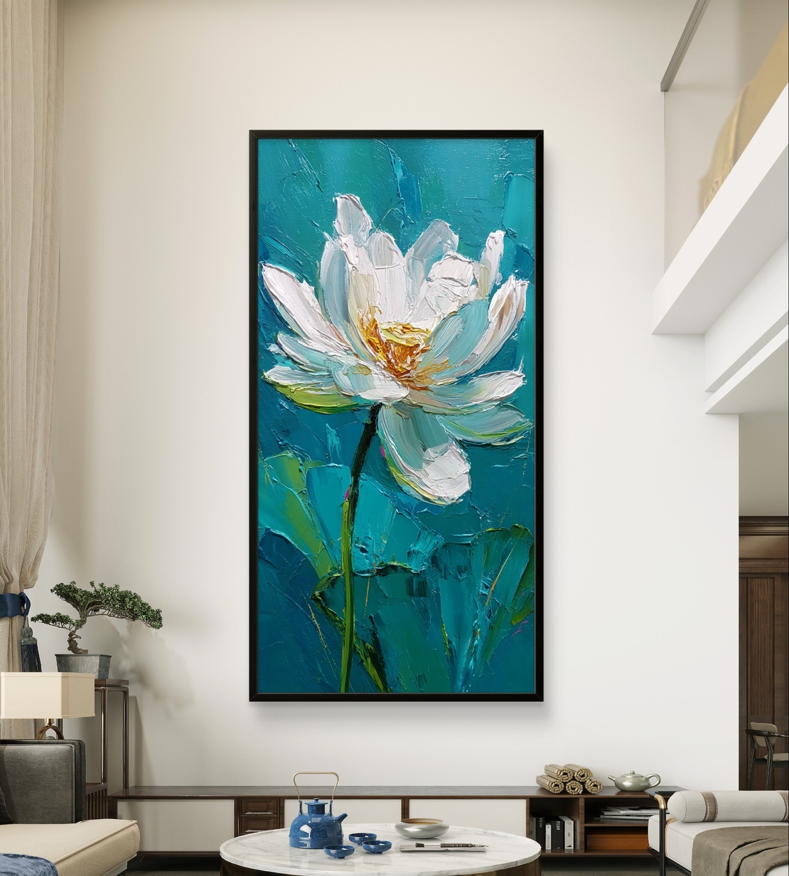 תמונת קנבס לאורך עם פרח לבן פתוח על רקע טורקיז בעיצוב אמנותי רגוע