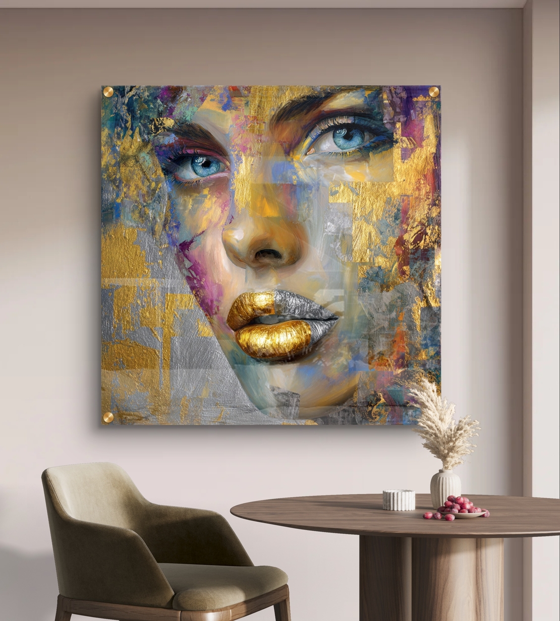 תמונת זכוכית מרובעת של דיוקן נשי עם מבט כחול ושפתיים זהובות בעיצוב אבסטרקטי יוקרתי