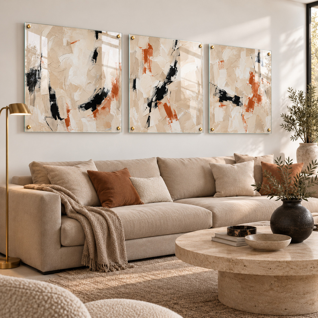 שלישיית תמונות זכוכית אבסטרקטית בגווני טרקוטה, שחור ושמנת | דגם TG6063