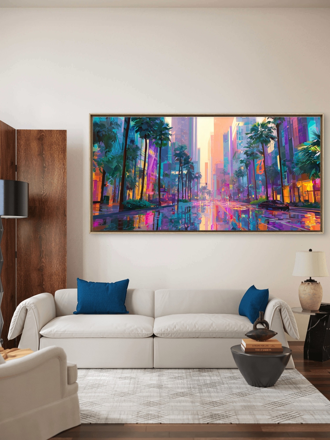 תמונת קנבס אורבנית צבעונית עם רחוב רטוב והשתקפויות ניאון בגווני טורקיז, ורוד וכתום – NEXTGEN BY BAR