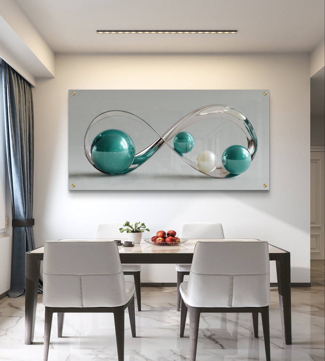 תמונת זכוכית לרוחב עם עיצוב אינסוף וכדורים בגווני טורקיז ושמנת