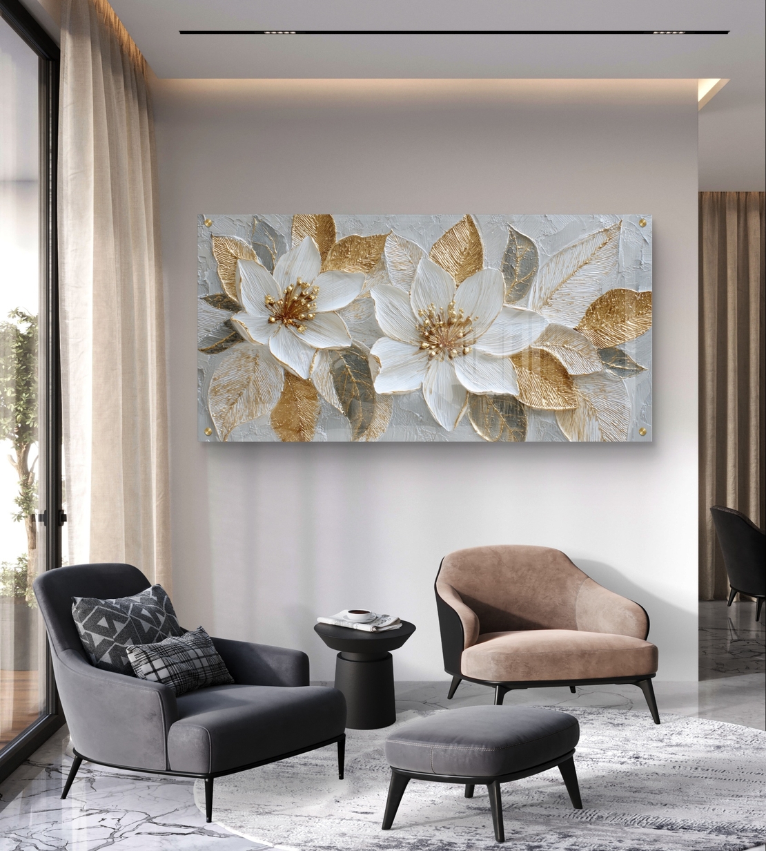 תמונת זכוכית לרוחב של שני פרחים בלבן וזהב בעיצוב אומנותי יוקרתי עם הדפסה חלקה ללא תבליט