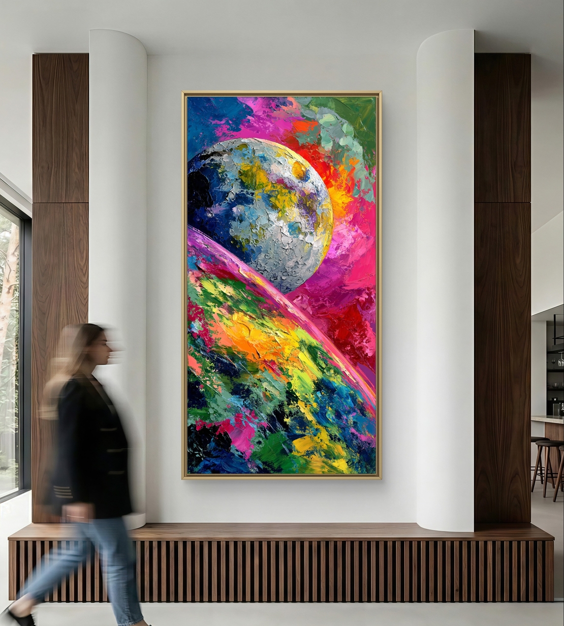 יצירת אמנות קוסמית בגווני ורוד, צהוב, טורקיז וכחול עמוק.