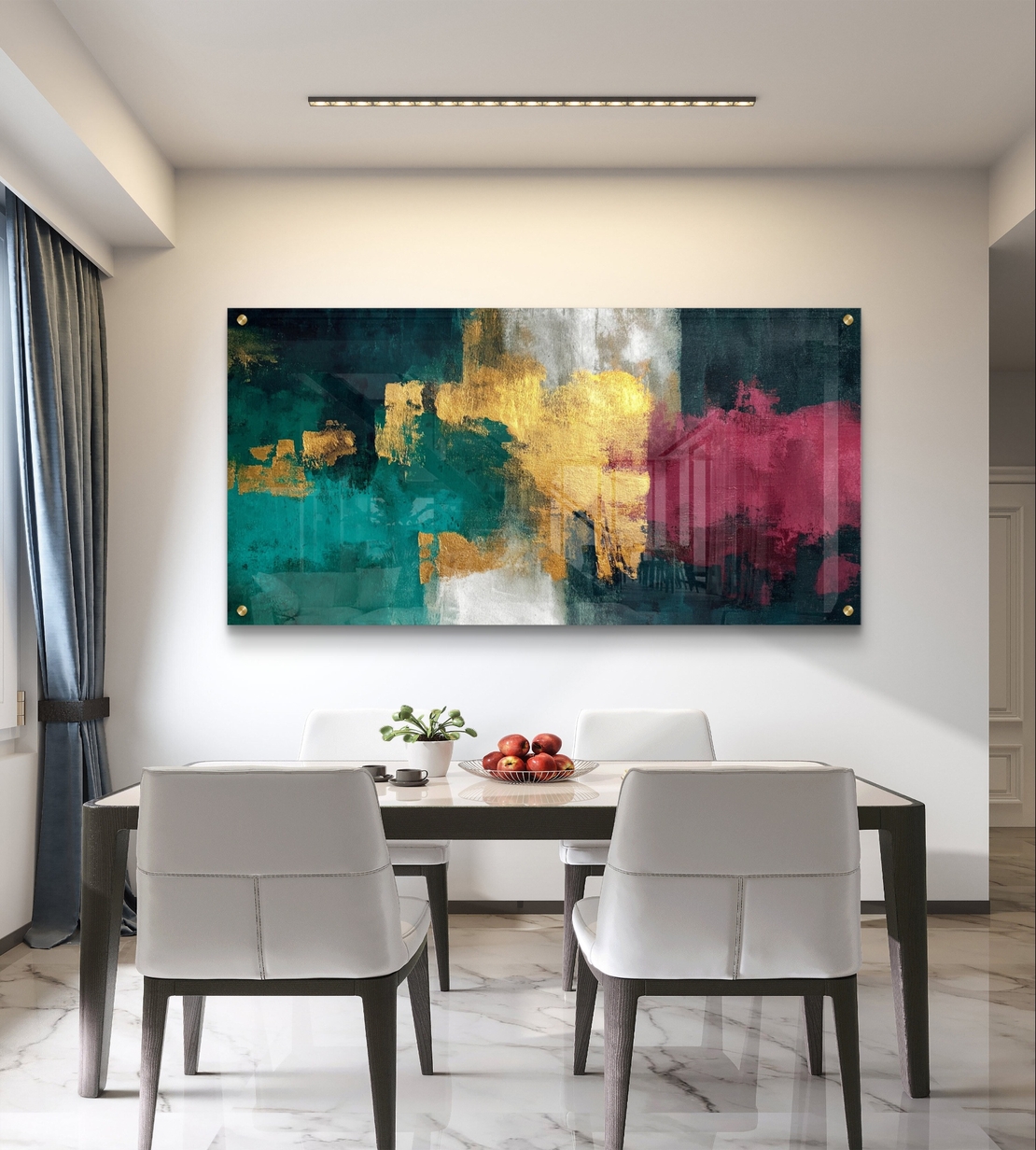 תמונת זכוכית אבסטרקטית לרוחב בגווני ירוק, כחול וזהב בעיצוב מודרני ויוקרתי לסלון