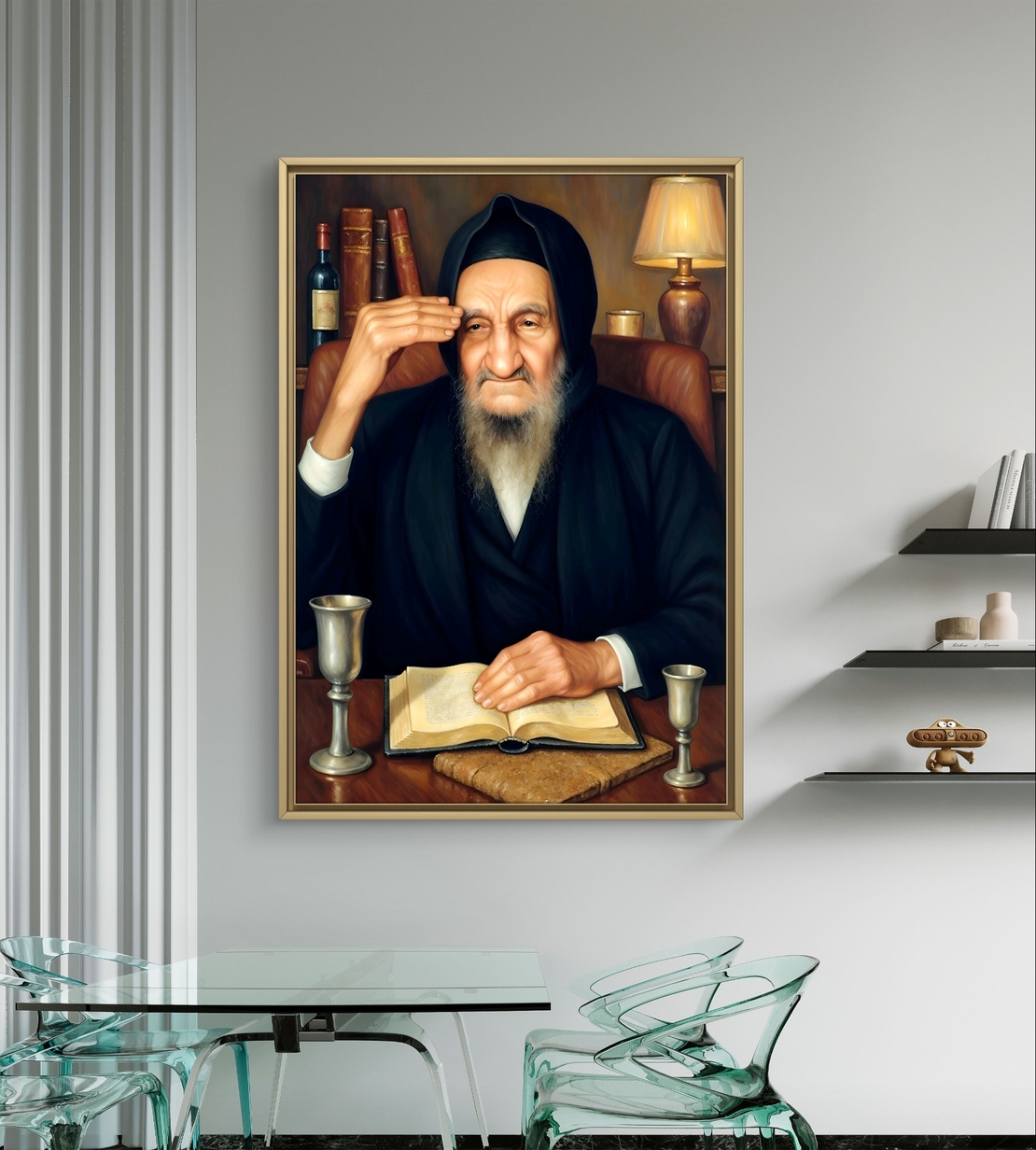 תמונת קנבס אומנותית של הבבא סאלי יושב ליד שולחנו, עם ספר קדוש פתוח, כוס קידוש ונרות ברקע. יצירה המשדרת קדושה, חוכמה וברכה, מתאימה לבית יהודי, בתי כנסת וחללים רוחניים.