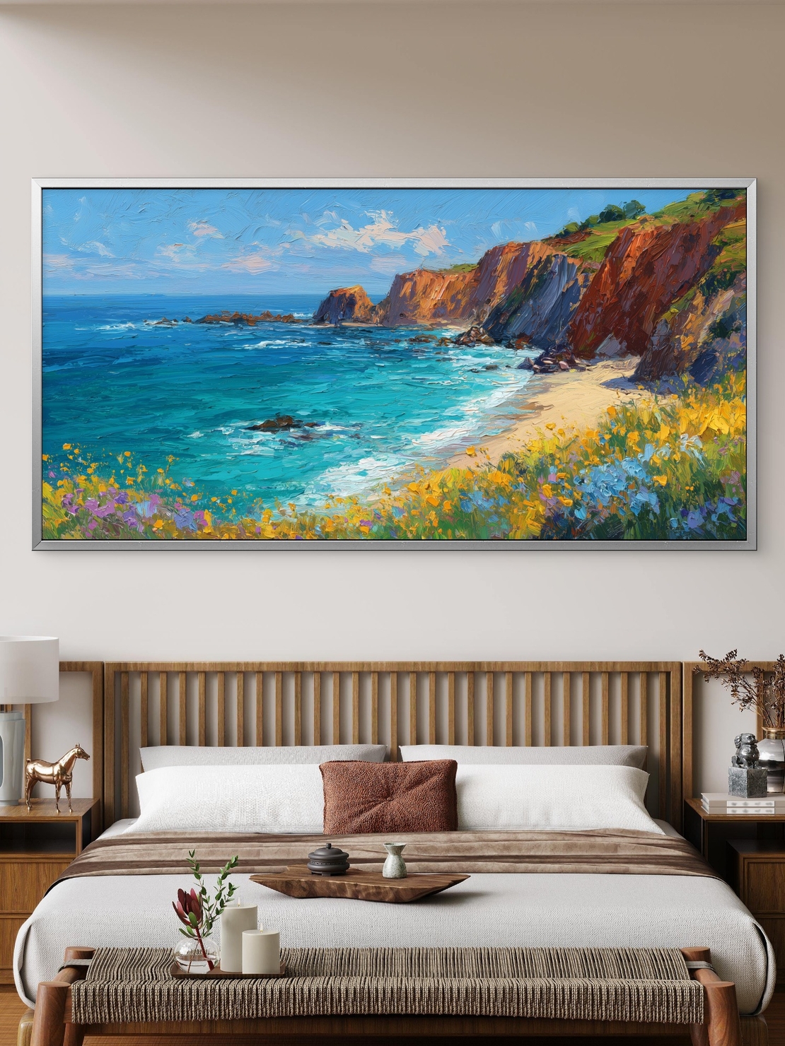 תמונת קנבס של נוף חוף טורקיז עם מצוקים צבעוניים ופריחה – NEXTGEN BY BAR