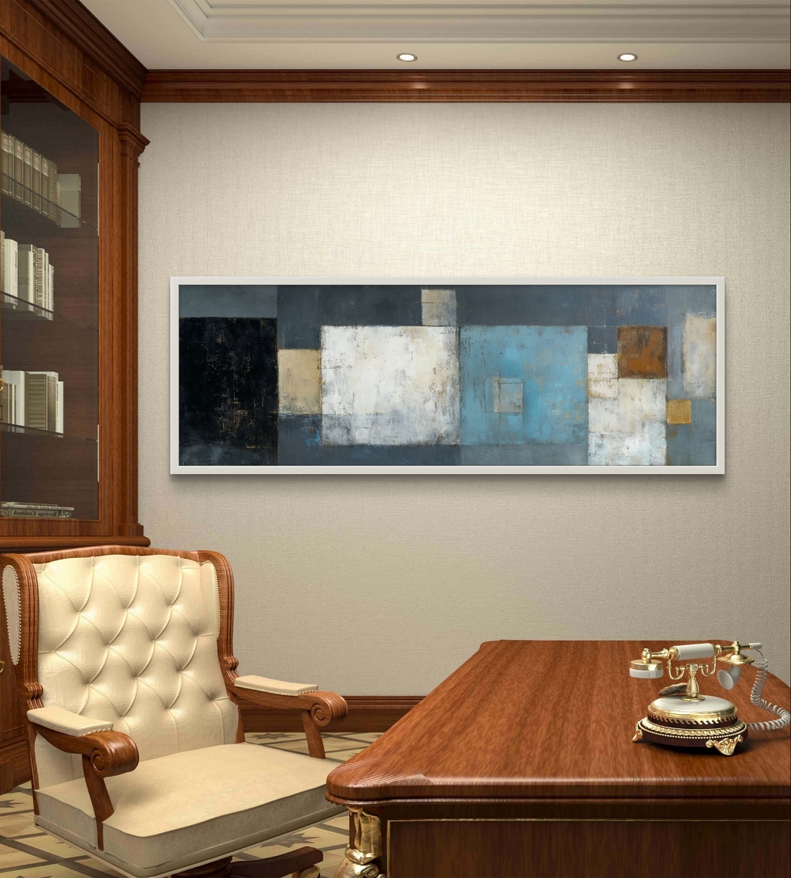 ריבועים שקטים – תמונת קנבס פנורמית אבסטרקטית בגווני כחול, לבן, אפור וזהב | CT4672