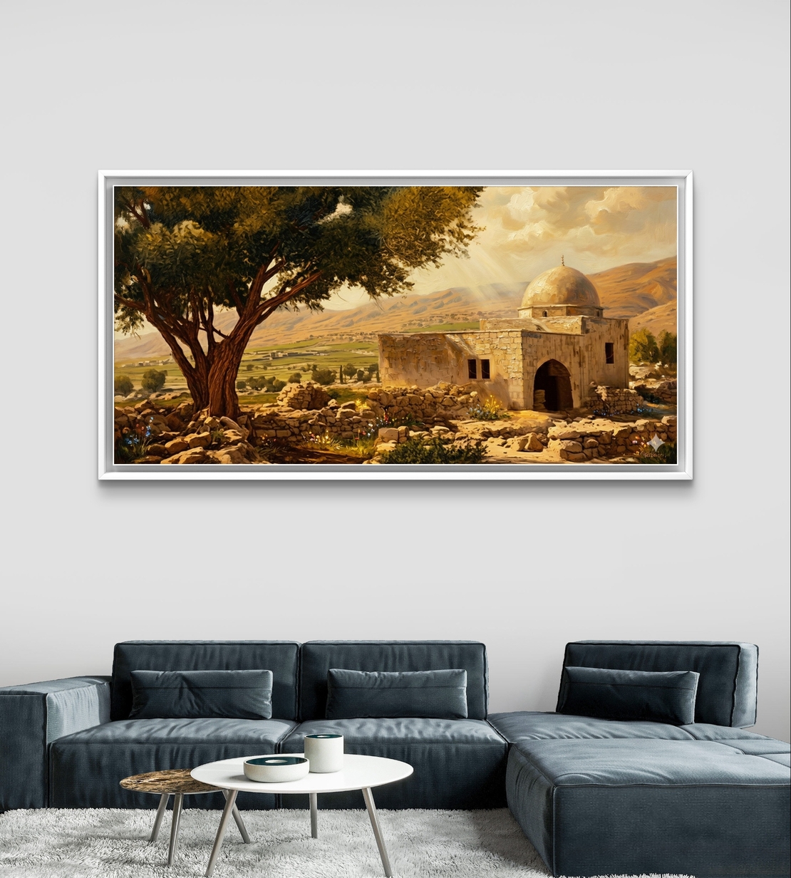 תמונת קנבס לרוחב של קבר רחל אימנו בנוף ארץ ישראלי פתוח עם אור חמים, עץ עתיק ומבנה קדוש – עיצוב רוחני מבית תכשיט לבית