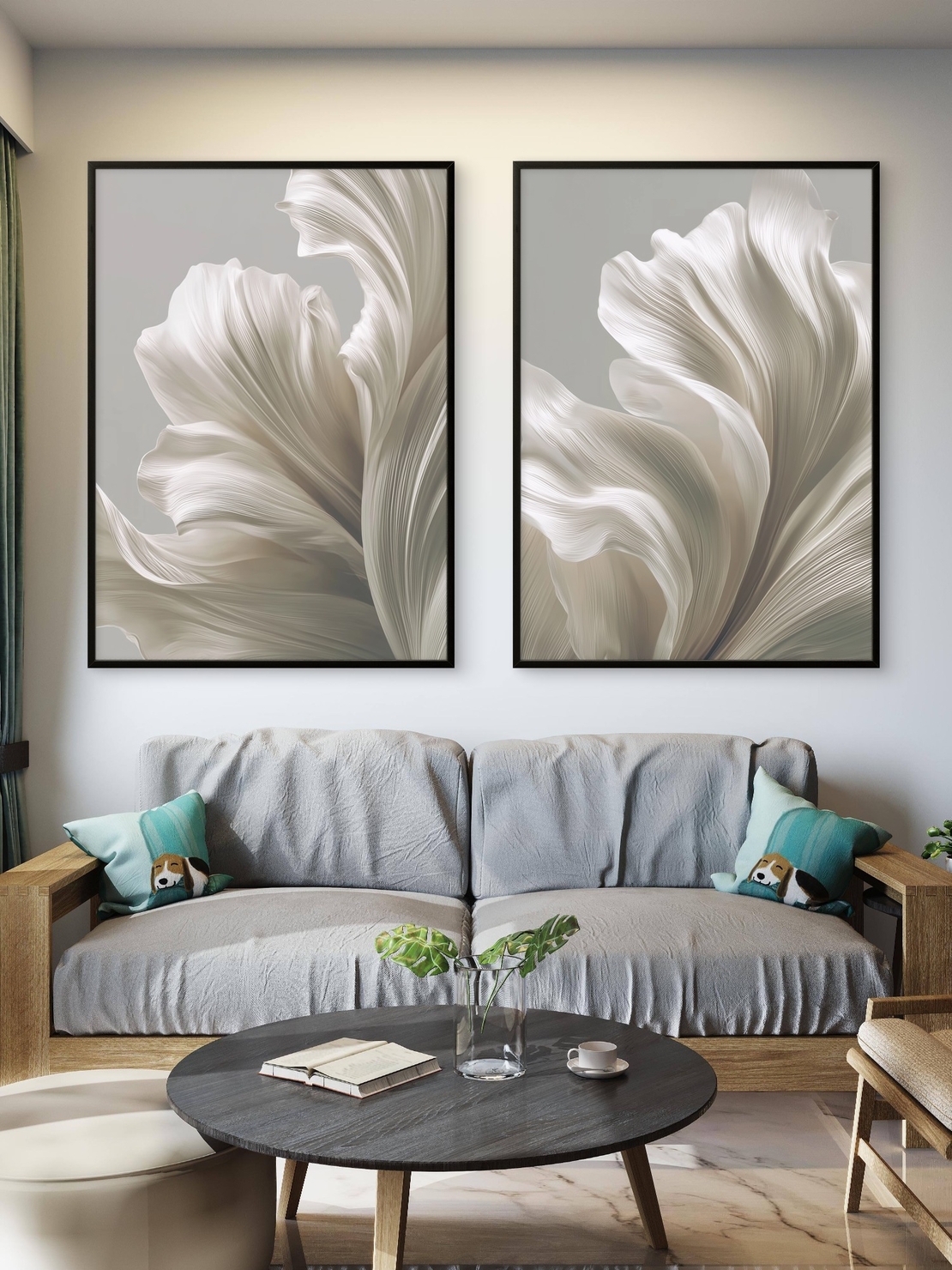 זוג תמונות קנבס בגווני שנהב רכים עם תנועה אלגנטית וזורמת מתוך קולקציית NEXTGEN BY BAR של תכשיט לבית.