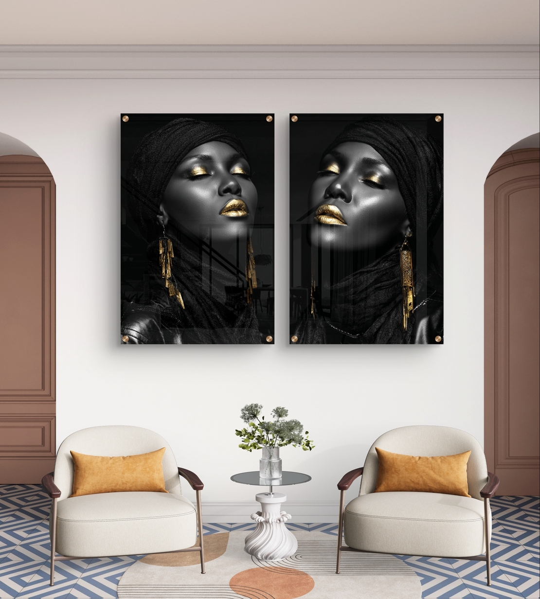 זוג תמונות זכוכית בפורטרט נשי בשחור וזהב עם הדפסה חלקה ויוקרתית