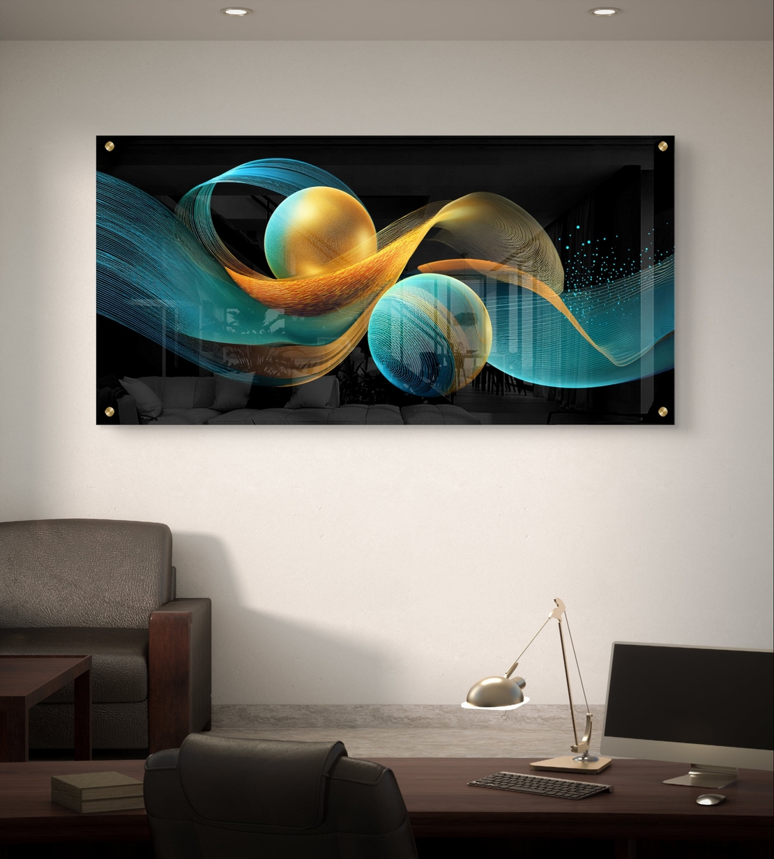 תמונת זכוכית לרוחב עם כדורים מוזהבים ותנועת גלים בגווני תכלת וזהב – תכשיט לבית