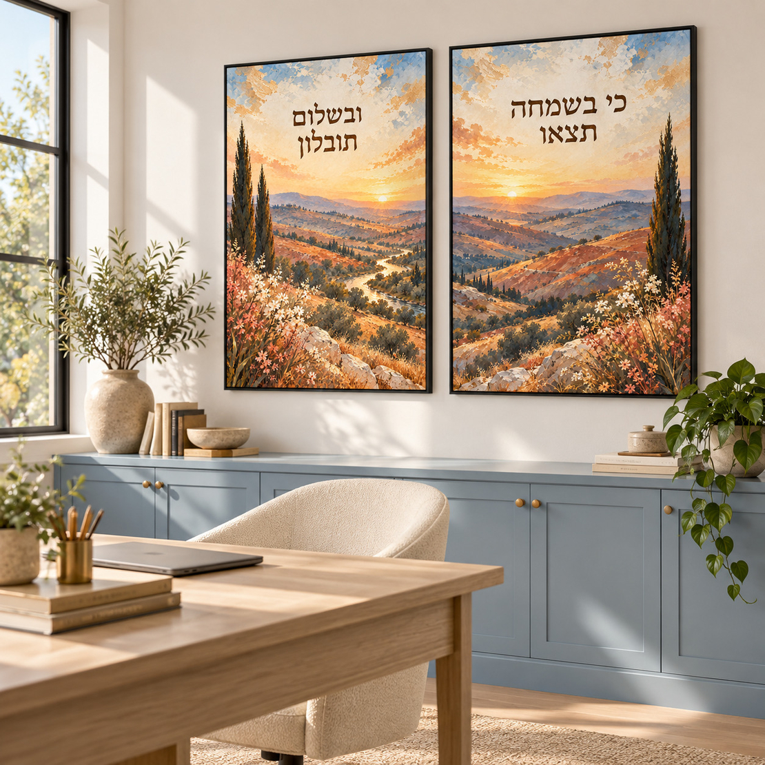 זוג תמונות קנבס כי בשמחה תצאון בנוף שקיעה | דגם RB2983
