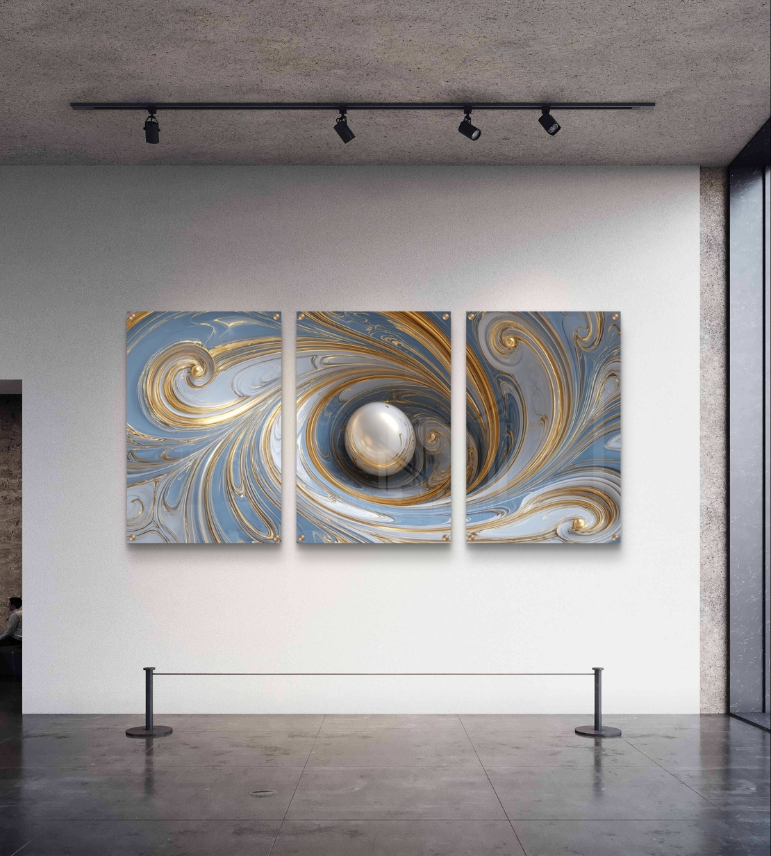 סט שלישייה של תמונות זכוכית אבסטרקטיות בגווני תכלת, לבן וזהב עם כדור מרכזי ועיצוב מודרני