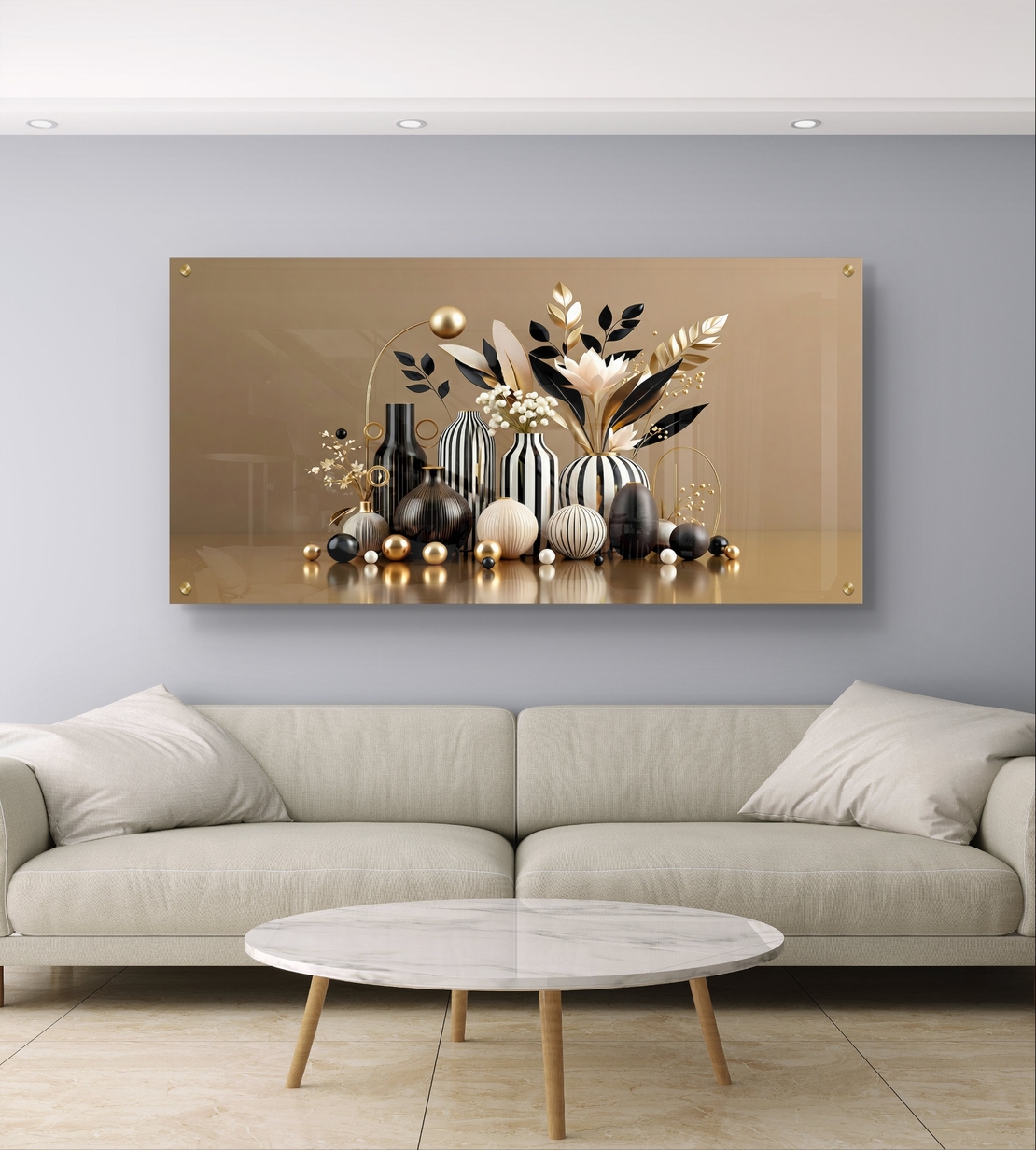 אגרטלים נואר – תמונת זכוכית טבע דומם עם אגרטלים שחור-זהב ופריחה מעוצבת | PN1005