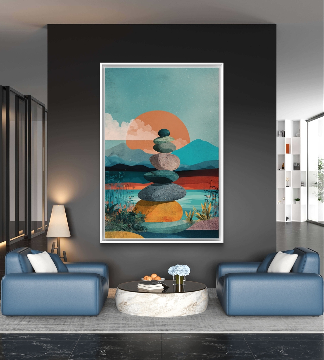 תמונת קנבס אבני איזון מול שקיעה צבעונית