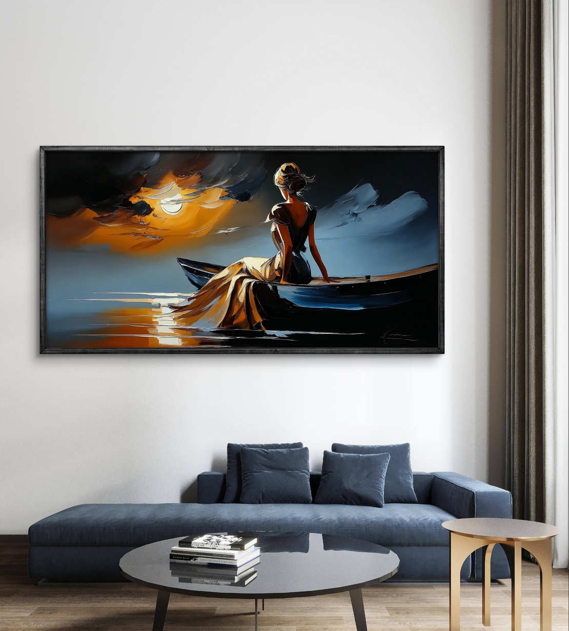 תמונת קנבס של אישה יושבת בסירה מול שקיעה זהובה, בהדפסה חלקה ללא תבליט, מקולקציית תכשיט לבית.