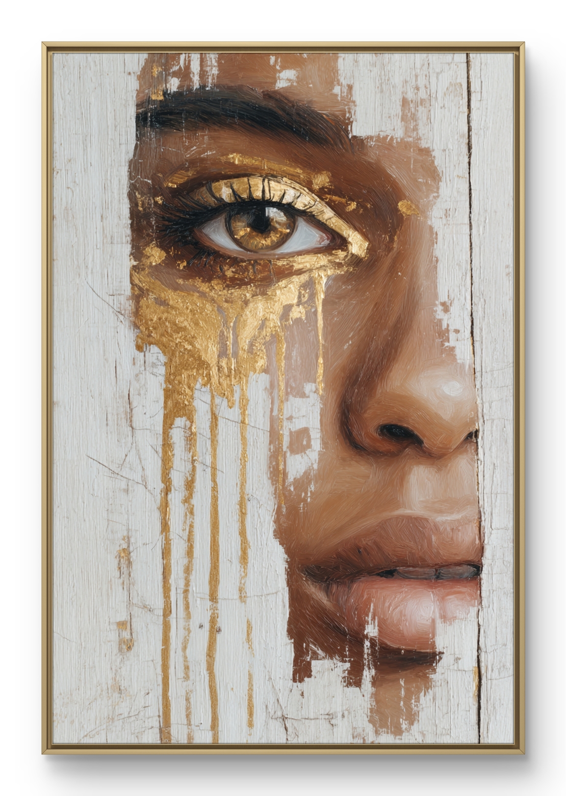 דיוקן נשי אומנותי עם מבט זהוב על קנבס בגווני חום, קרם וזהב בהדפסה חלקה