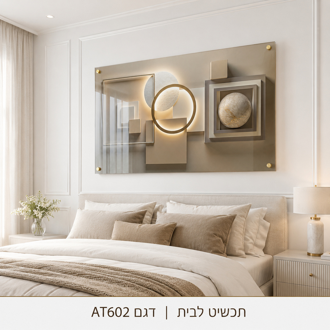 הרמוניה גיאומטרית מוארת – תמונת זכוכית לרוחב אבסטרקט יוקרתי לסלון | AT602