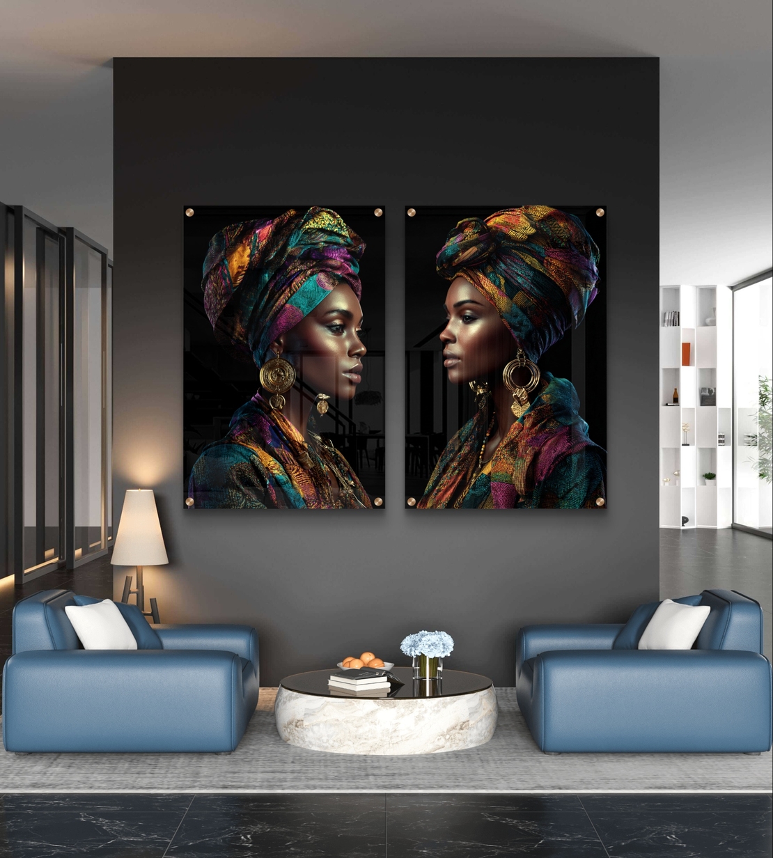 סט תמונות זכוכית זוגי עם דמות נשית בטורבן צבעוני בעיצוב דרמטי ויוקרתי