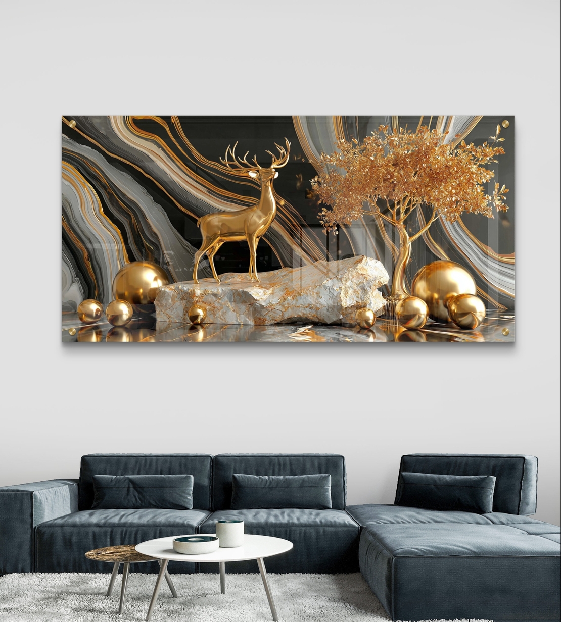 תמונת קיר זכוכית אלגנטית בשחור וזהב עם אייל מוזהב ואפקט תלת־ממד יוקרתי