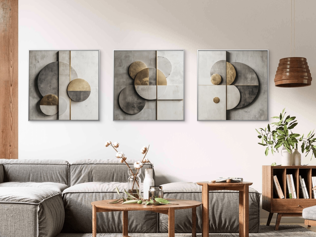 שלישיית תמונות קנבס גאומטריות בגווני אפור וזהב בעיצוב מודרני – מתוך קולקציית NEXTGEN BY BAR של תכשיט לבית.