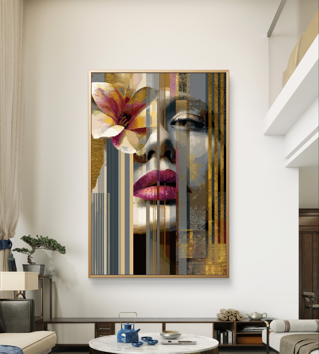דיוקן נשי עם פרח וצבעי זהב – תמונת קנבס מודרנית יוקרתית | DX5114