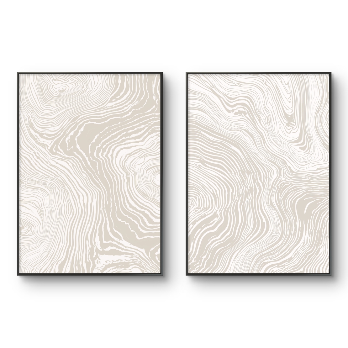 זוג תמונות קנבס עם קווים זורמים בגווני בז ושמנת