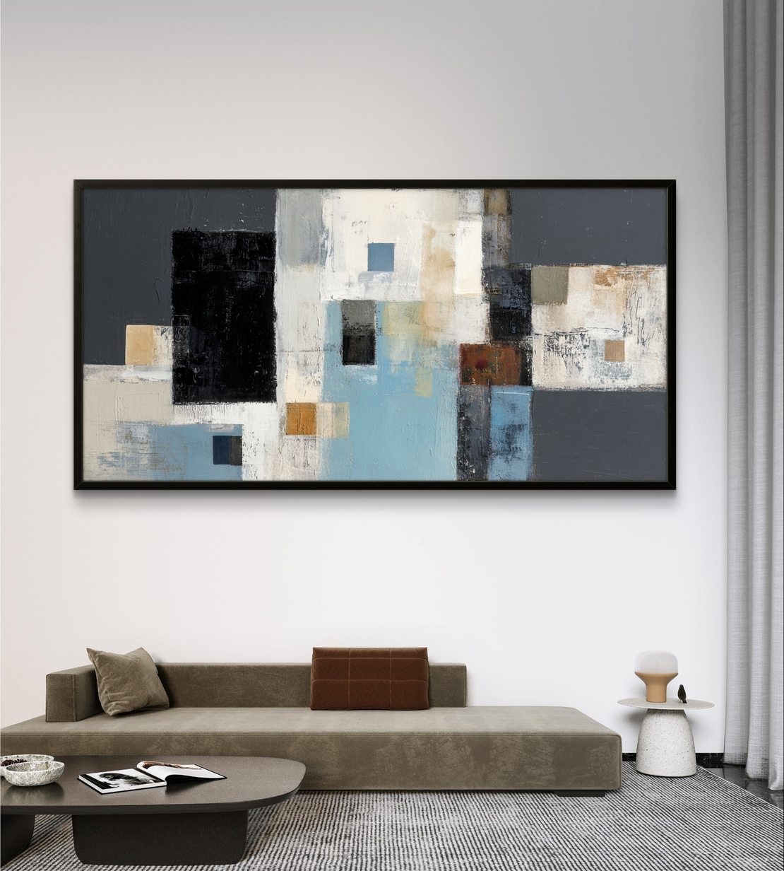 תמונת קנבס לרוחב בסגנון אבסטרקטי מודרני בגווני תכלת, אפור ובז’ בעיצוב נקי ויוקרתי לסלון