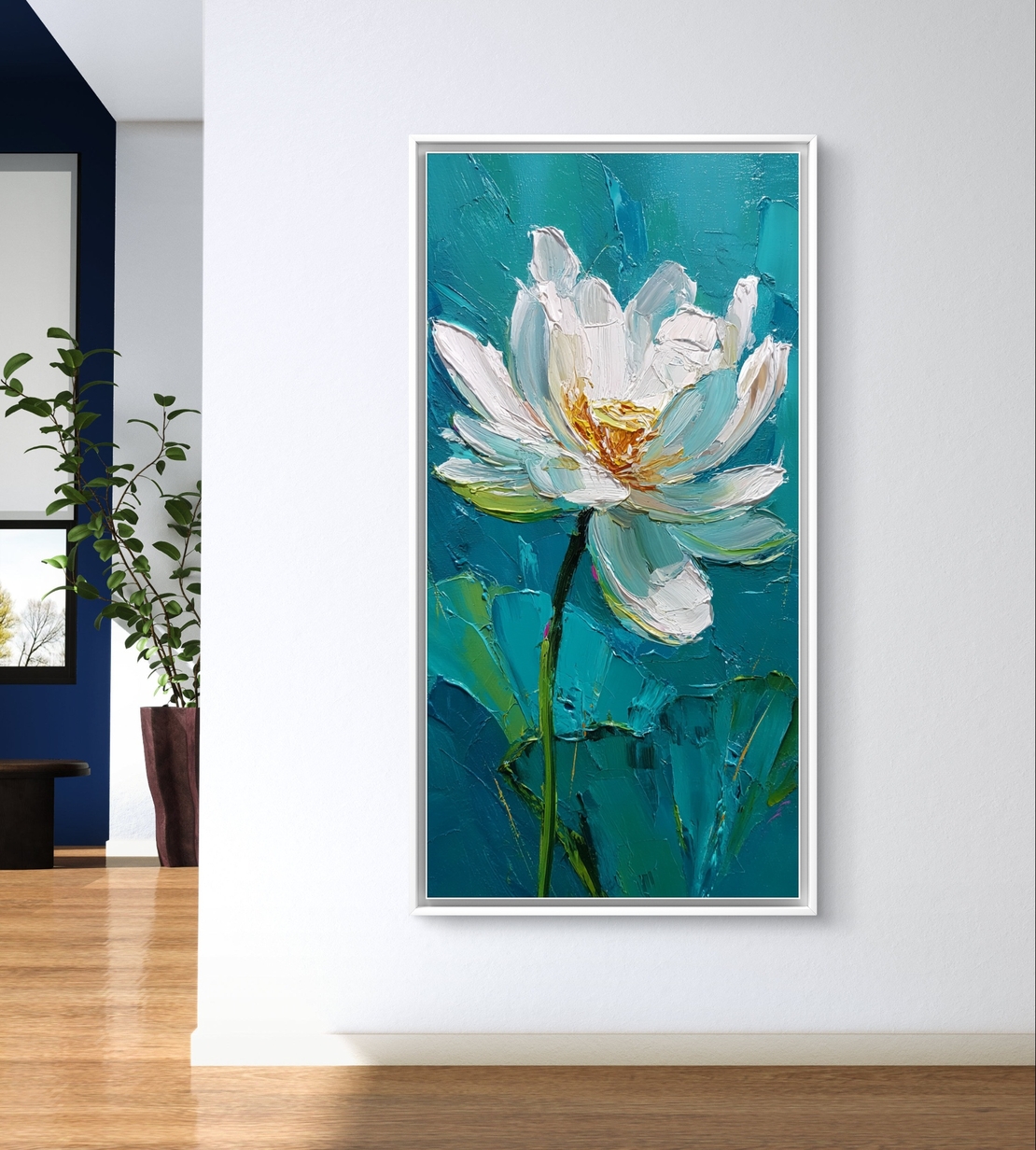 תמונת קנבס לאורך עם פרח לבן פתוח על רקע טורקיז בעיצוב אמנותי רגוע