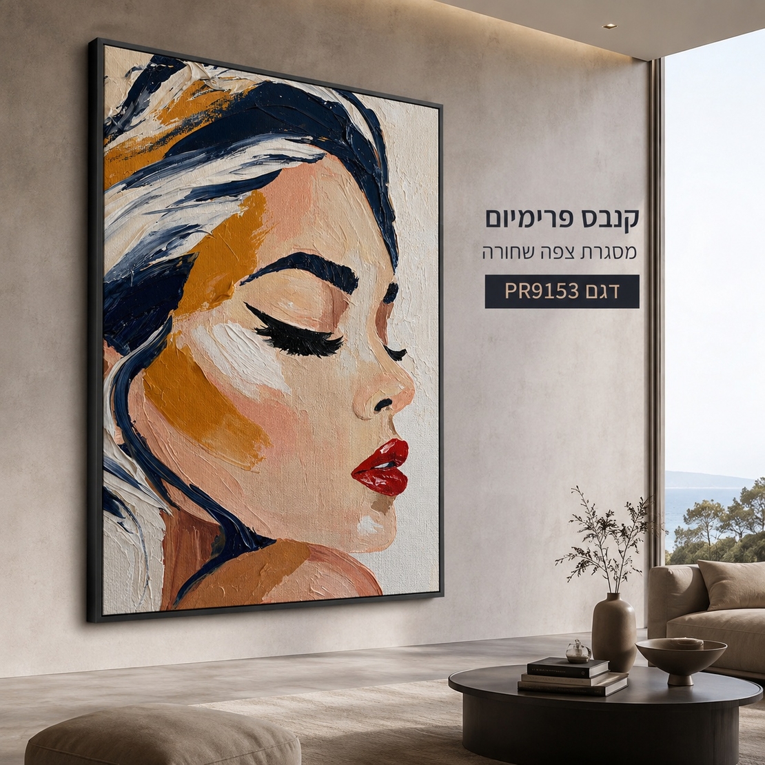 קנבס פרימיום Art Touch – פורטרט נשי רומנטי שיער כחול-זהב ושפתיים אדומות