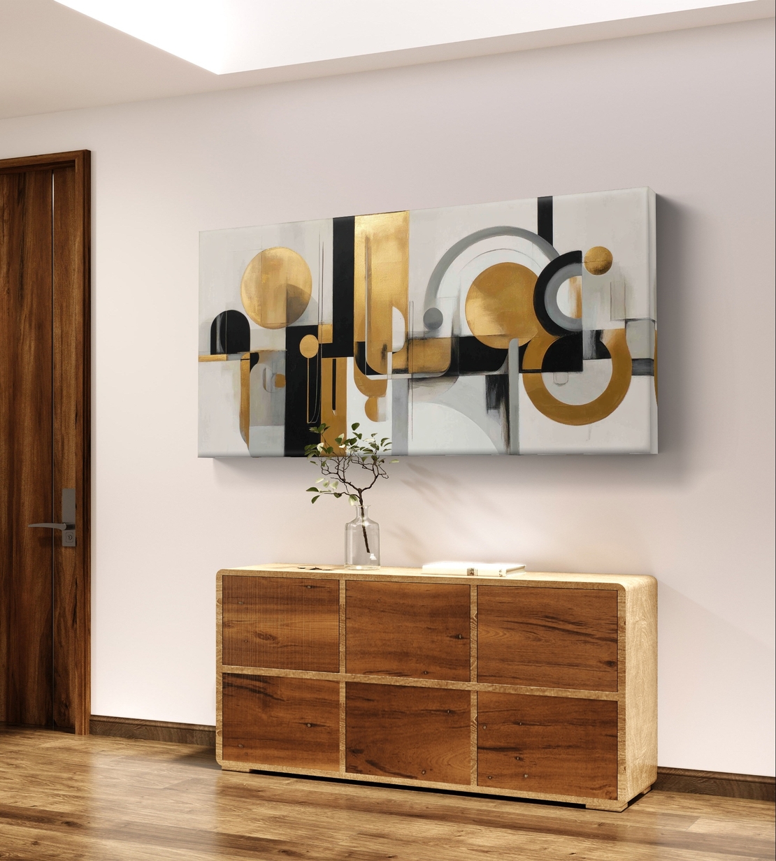 תמונת קנבס גאומטרית לרוחב בגווני שחור, לבן וזהב עם צורות מעוגלות וקווים מודרניים