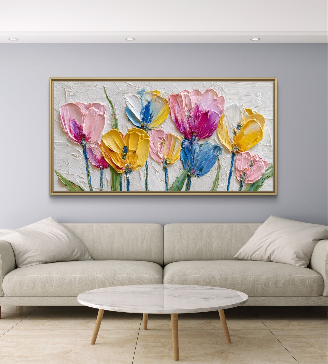 תמונת קנבס לרוחב עם פרחים צבעוניים בסגנון ציור אמנותי ועדין לעיצוב הבית