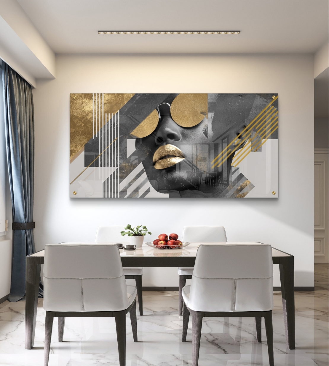 תמונת זכוכית עם פורטרט נשי בשחור-לבן וקווים גיאומטריים מוזהבים בהדפסה חלקה