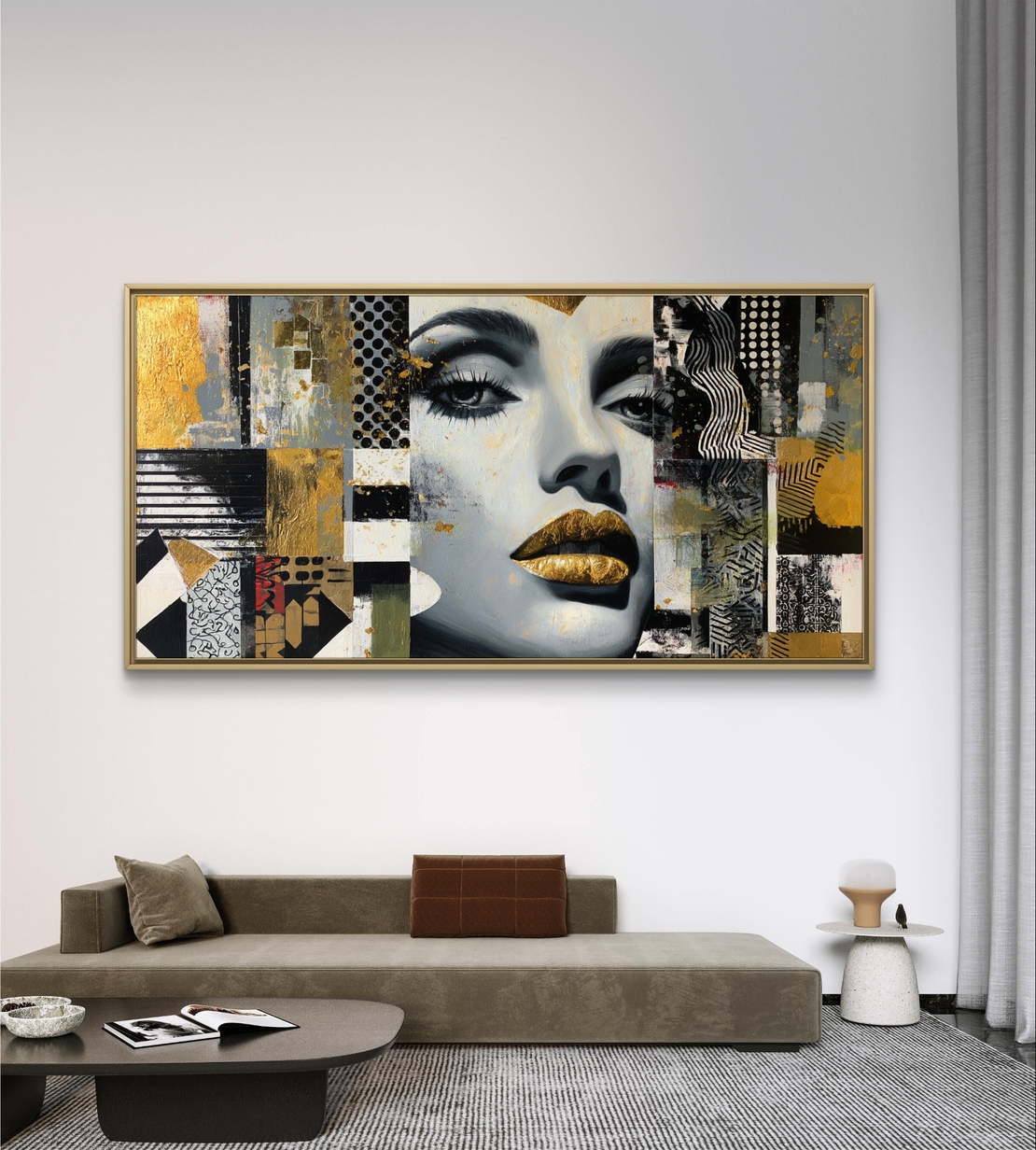 תמונת קנבס לרוחב עם דיוקן נשי אבסטרקטי ונגיעות זהב בגווני שחור, לבן ואפור, בהדפסה חלקה לעיצוב מודרני ויוקרתי.