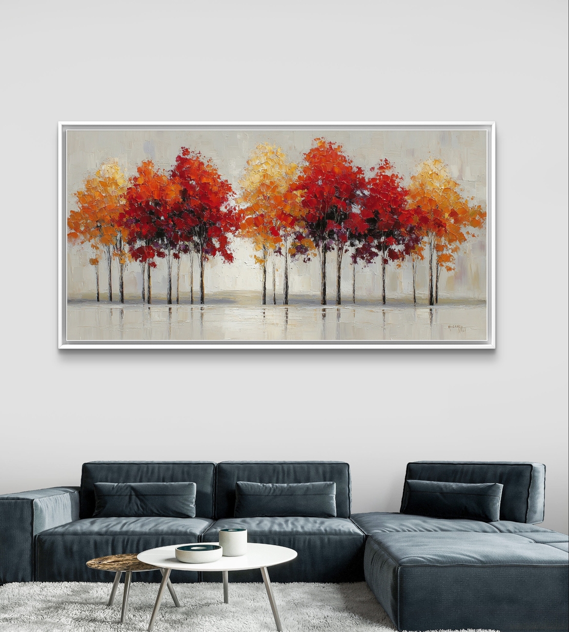 תמונת קנבס לרוחב עם שדרת עצים בגווני אדום כתום וזהב לעיצוב הבית