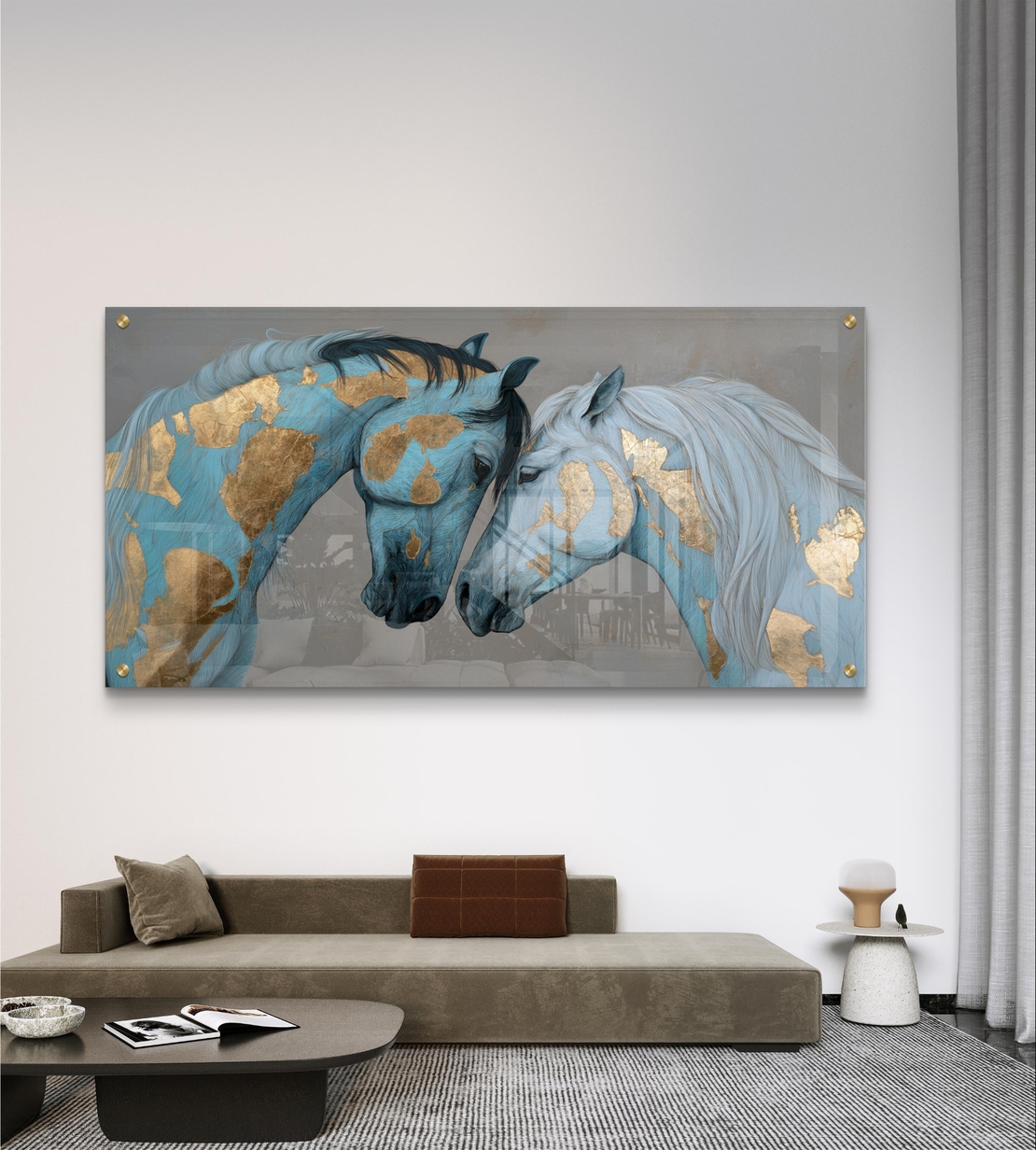 זוג סוסים בכחול וזהב על זכוכית – תמונת זכוכית יוקרתית לסלון | GX4172
