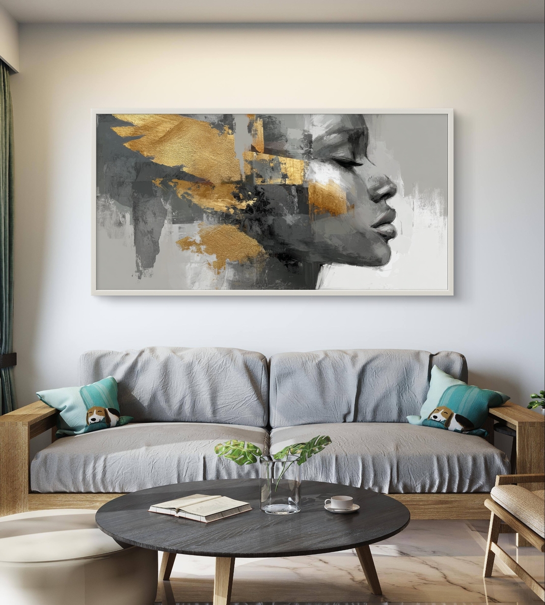תמונת קנבס לסלון – דיוקן נשי אבסטרקטי בזהב ואפור | דגם TS5941