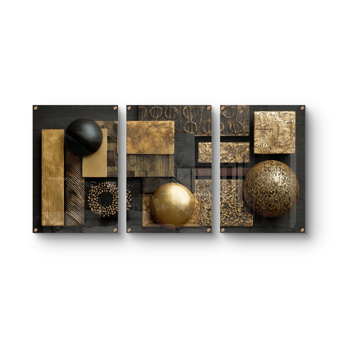 תמונת זכוכית שלשה בעיצוב גאומטרי בגווני שחור וזהב – קולקציית תכשיט לבית