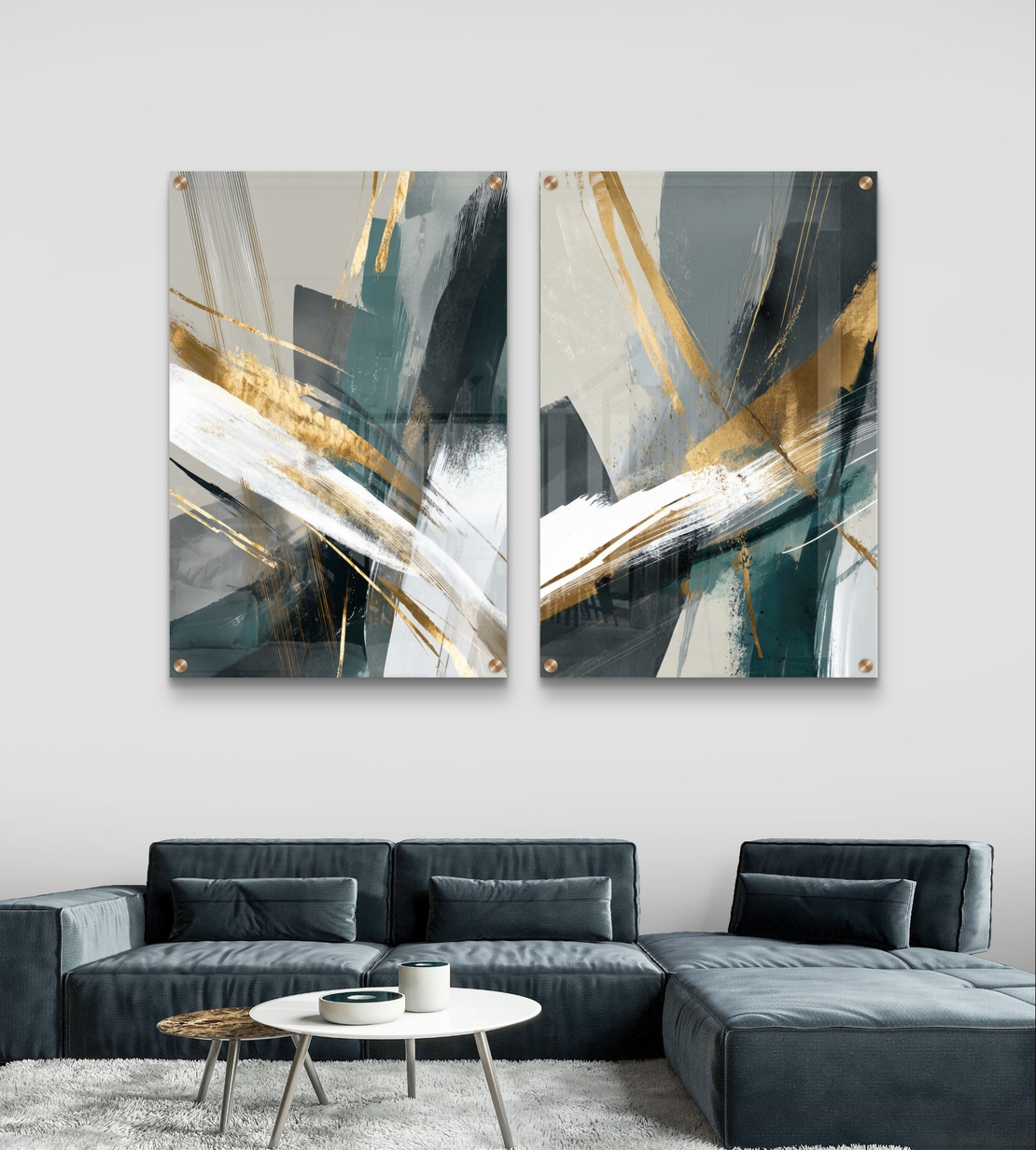 תמונת זכוכית זוגית אבסטרקטית בגווני ירוק, לבן ושחור עם נגיעות זהב בעיצוב מודרני
