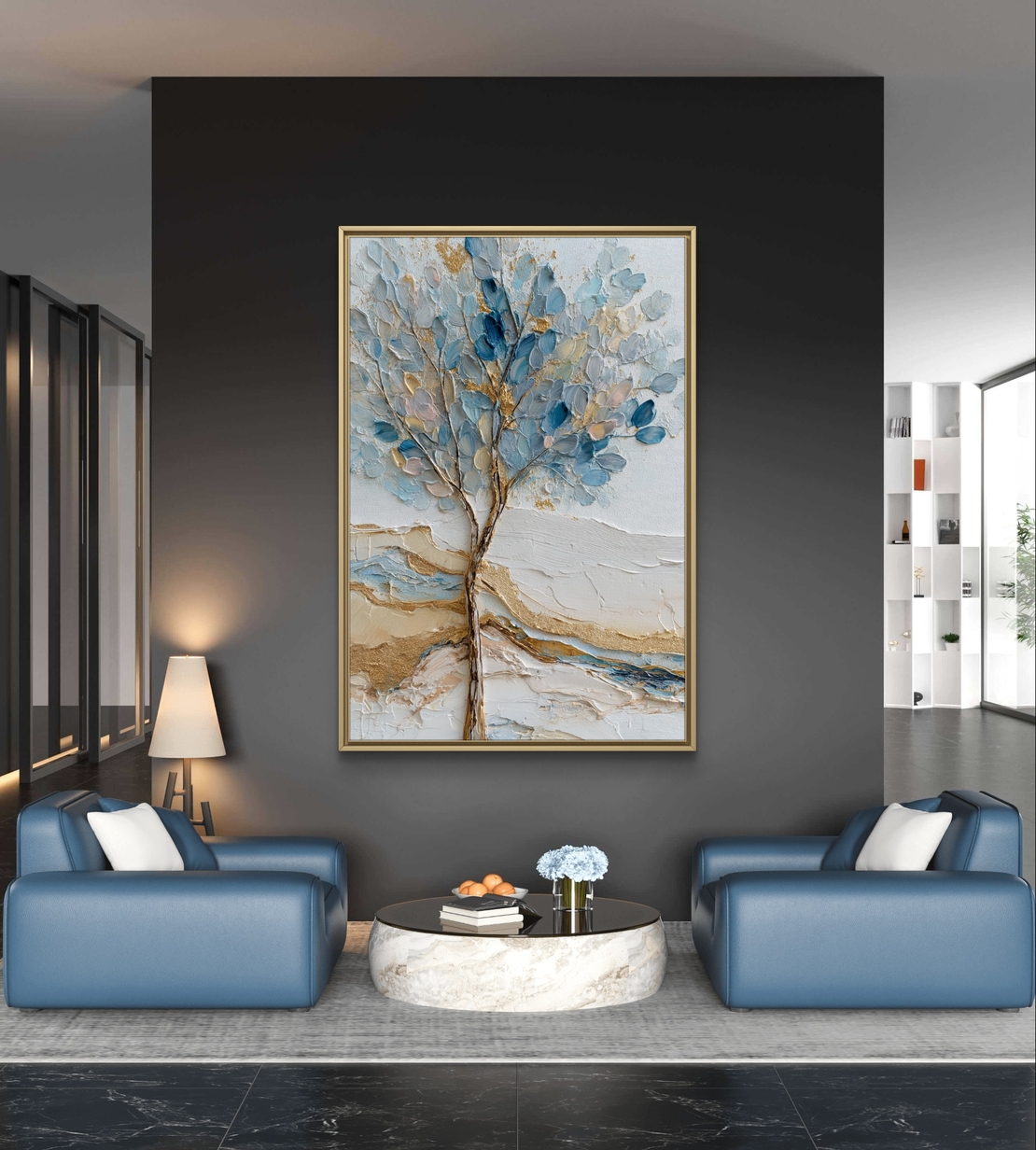 ציור עץ עדין בגווני תכלת וזהב על קנבס