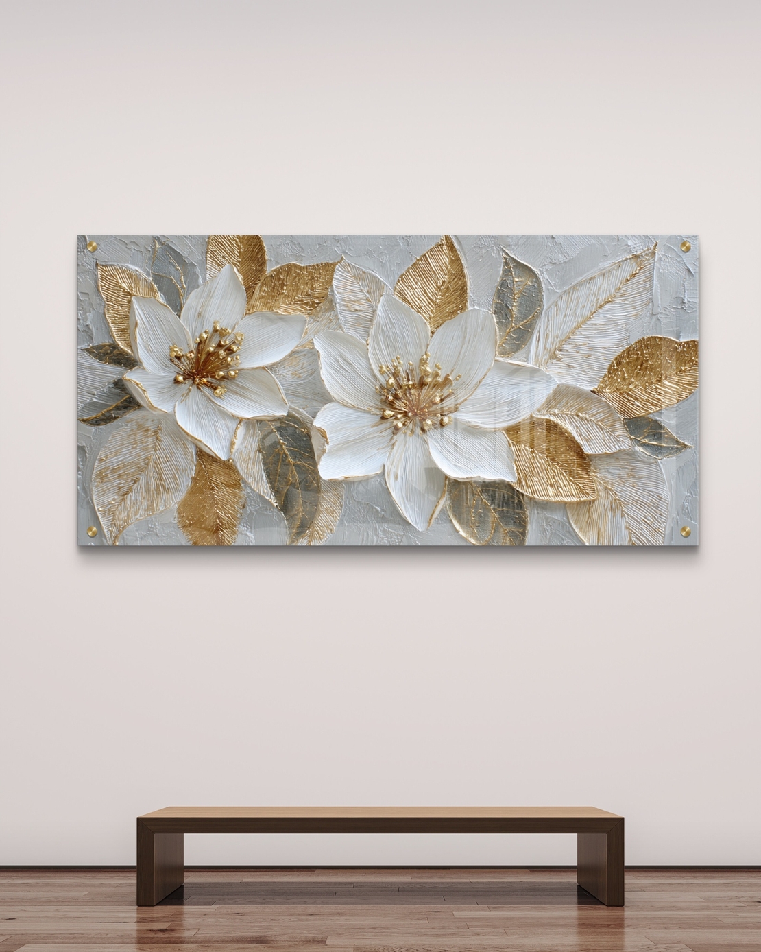 תמונת זכוכית לרוחב של שני פרחים בלבן וזהב בעיצוב אומנותי יוקרתי עם הדפסה חלקה ללא תבליט