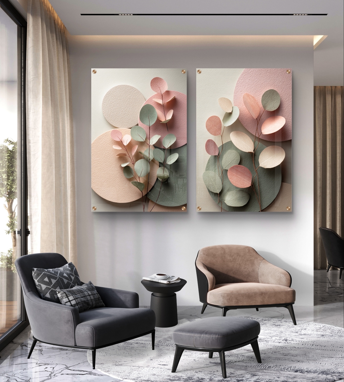 תמונת זכוכית זוגית בעיצוב עדין עם עלים וצורות פסטל בגווני ורוד וירוק